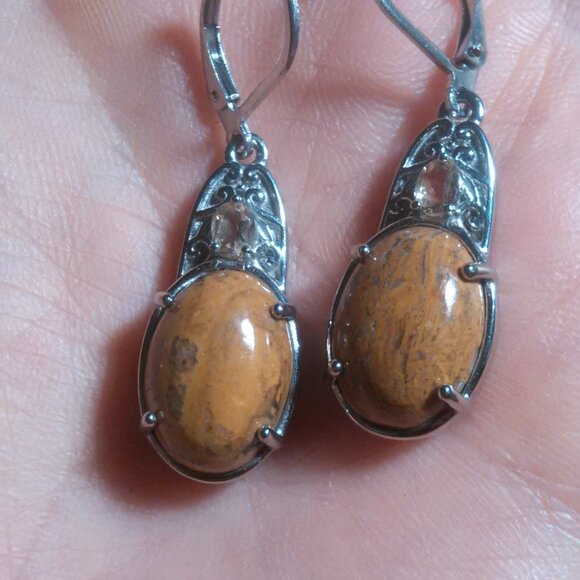 Script Stone and Brazilian Citrine Stainless Steel Lever Back Earrings - Picture 8 of 11